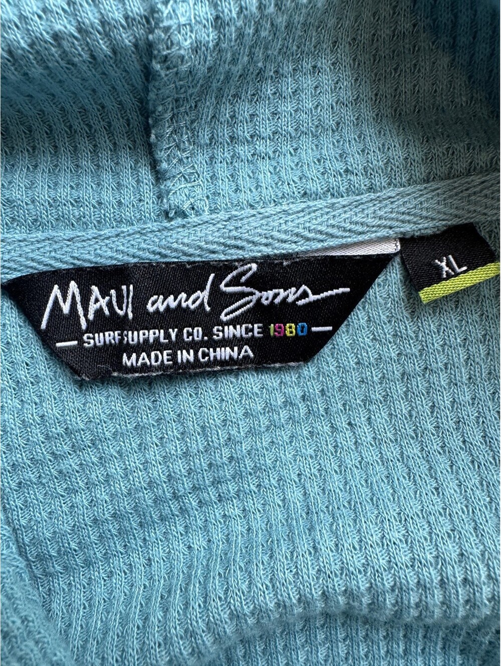 Waffle Knit Thermal Hoodie Mens XL Teal Maui And Sons Surf Beach Layering Top - Picture 5 of 8
